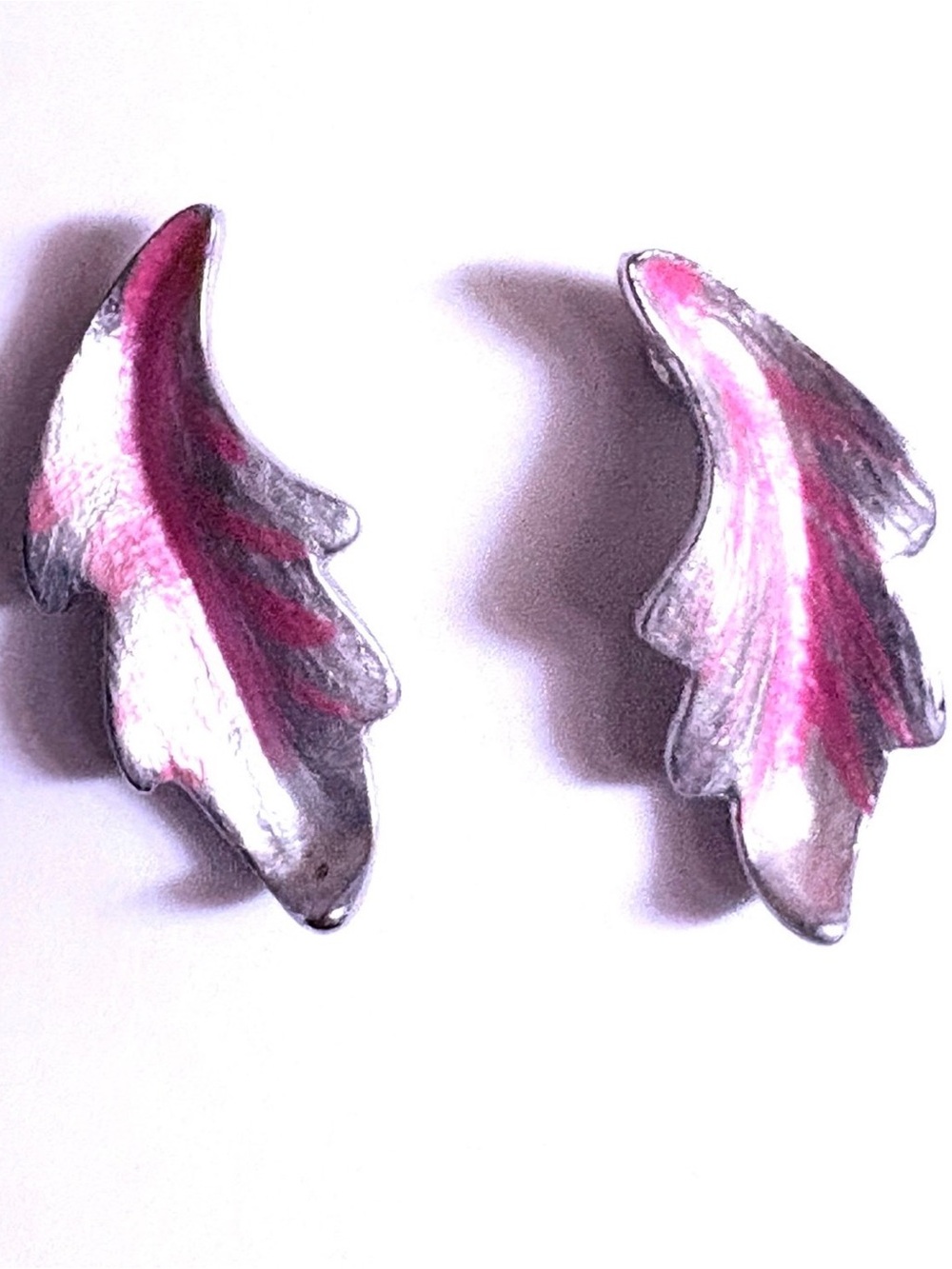 Silver Leaf Stud Earrings with Pink Detail, new